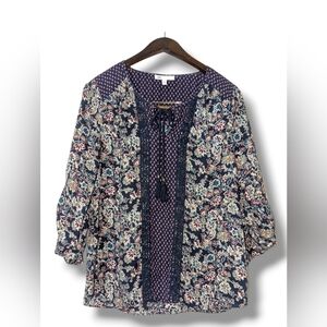 DR2 Navy Floral Bohemian Blouse with Tassel Detail